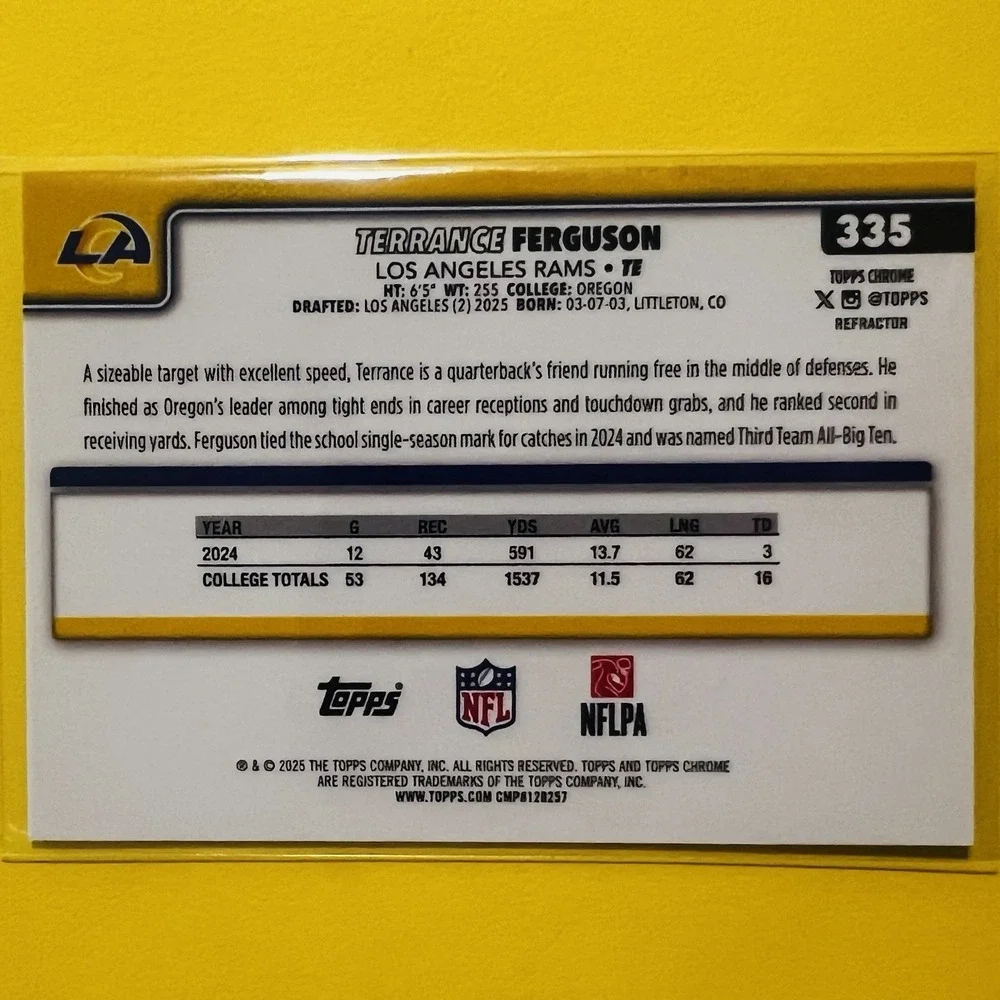 2025 Topps Chrome NFL Football Terrance Ferguson RC‎ #335 Refractor Rams